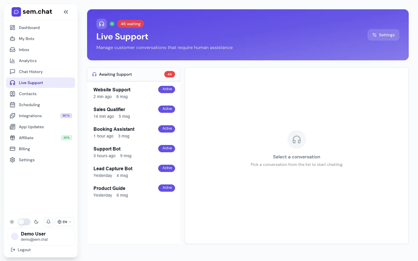 Echter CRM Software Pro Demo-Arbeitsbereich-Screenshot von Live Support