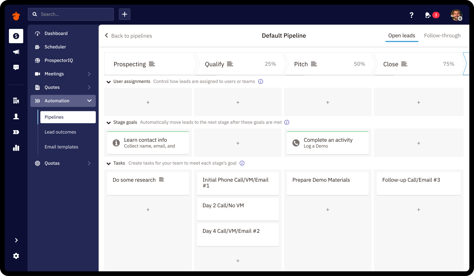 Nutshell CRM pipeline builder showing stages, assignments, stage goals and tasks.