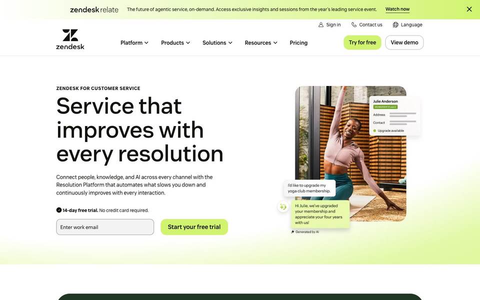 Zendesk Скриншот страницы службы
