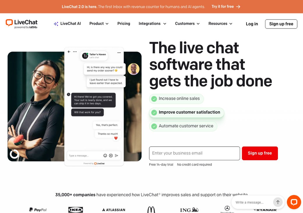 LiveChat homepage showing its agent app