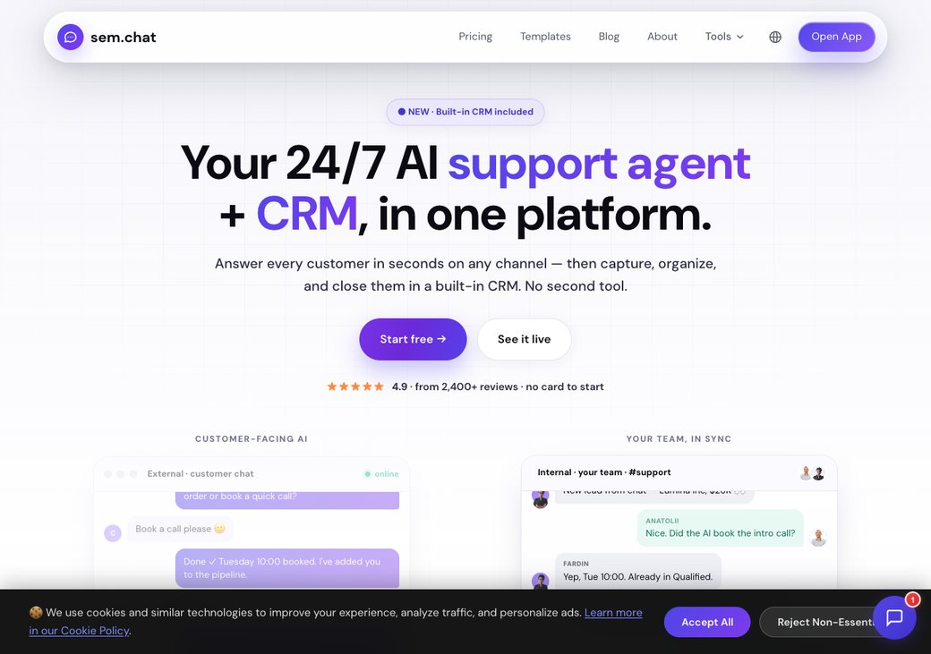 CRM Software Pro homepage showing AI chat and voice agents