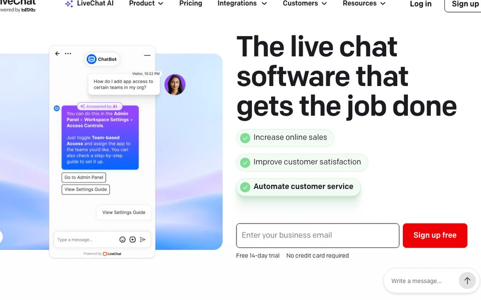 Página de inicio de LiveChat, software de chat en vivo que hace el trabajo