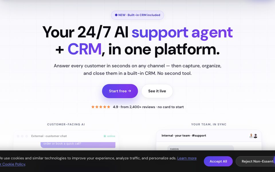 CRM Software Pro homepage showing AI support agent and CRM