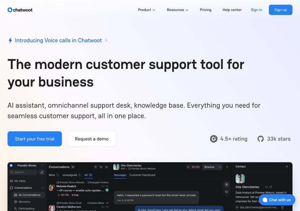Chatwoot-Homepage, die Open-Source-Kundensupportplattform