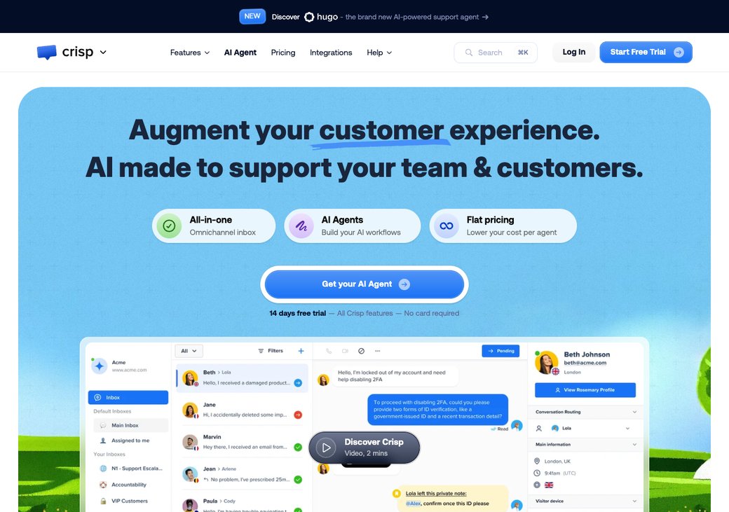 Crisp Startseite mit gemeinsamem Posteingang und Live-Chat