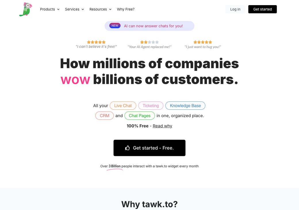 Tawk.to-Homepage mit kostenlosem Live-Chat für unbegrenzte Agenten