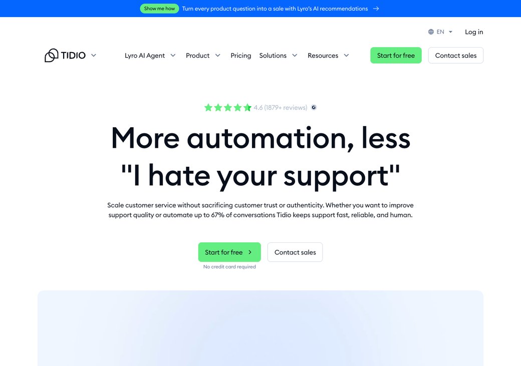 Tidio Homepage mit Live-Chat und dem Lyro AI Agenten