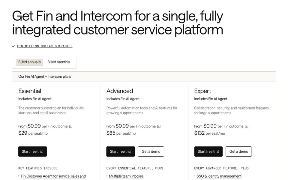 Intercom pricing page showing per-seat plus per-Fin-outcome pricing